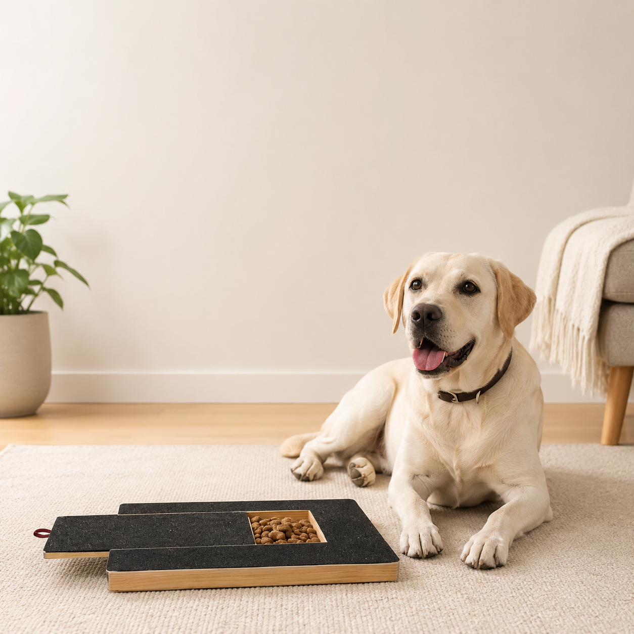 A relaxed dog resting beside two PawTrim Reward Boards